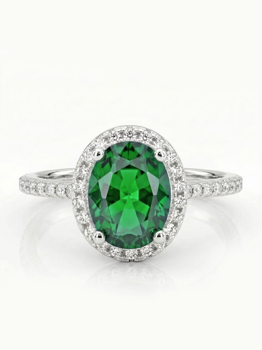 Green Oval Halo Solitaire Ring in Silver